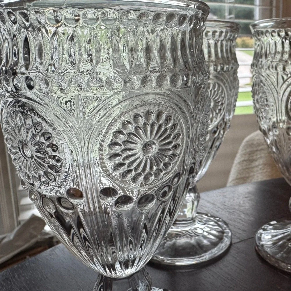 Pioneer Woman Adeline Goblets Set Of 5 Clear 12 Oz Embossed Floral Pressed Glass